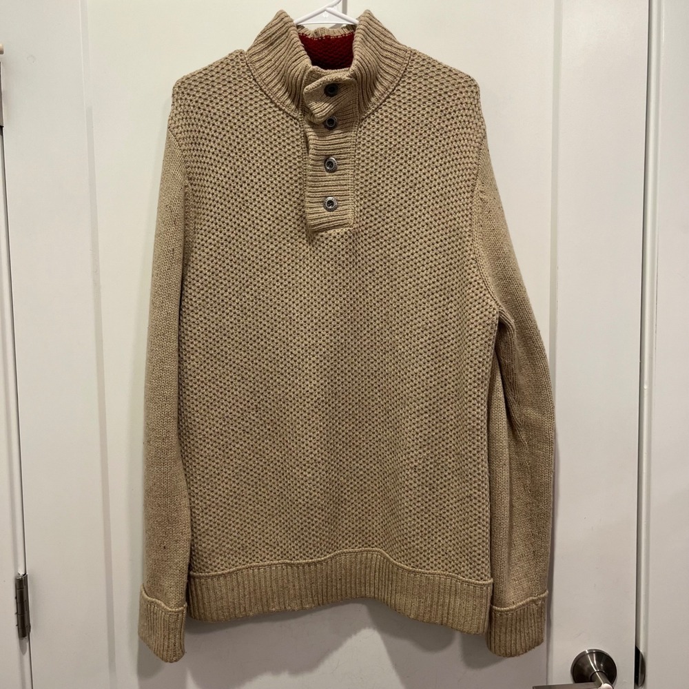 Mantaray Mens Tan Beige Waffle Knit Mock Neck Button Pullover Sweater Large